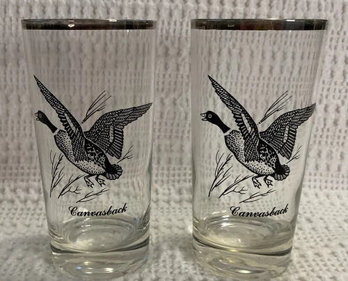 2 Vintage Silver Rimmed Federal Glass Birds Tumblers Drinking Glasses 12 oz