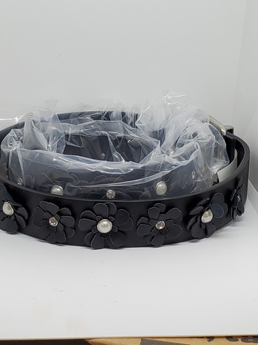 Women's Adjustable 46" (M) Black Belt Kamots Beauty Rhinestone Flower - Picture 1 of 4