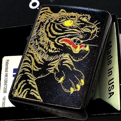 Zippo Japanese Design Tiger Black Gold Silk Print Regular Case Oil Lighter Japan