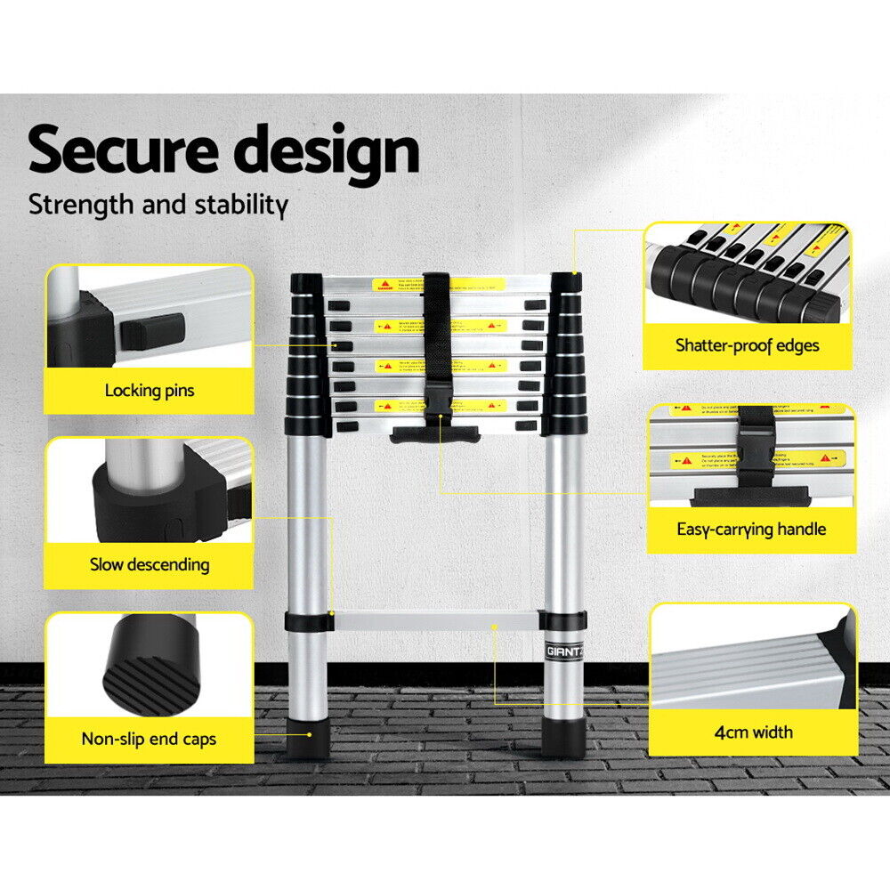 Giantz 2.6M Telescopic Ladder Aluminium Extension Extendable Steps