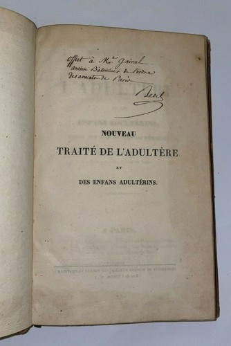 BEDEL 1826 NOUVEAU TRAITE DE L'ADULTERE ENVOI DE L'AUTEUR EDITION ORIGINALE - Imagen 1 de 7