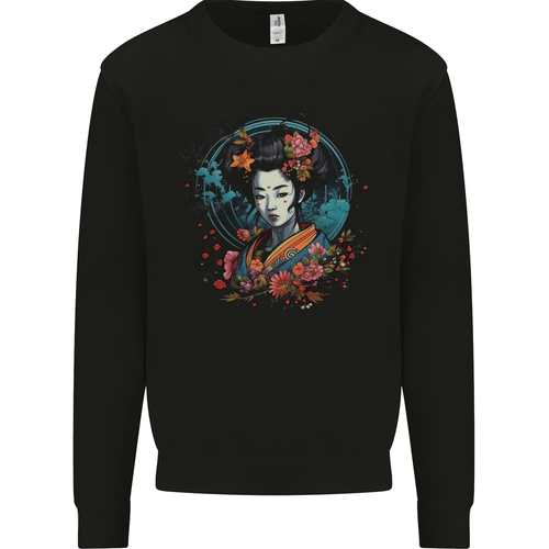Geisha Girl With Flowers Fantasy Kids Sweatshirt Jumper