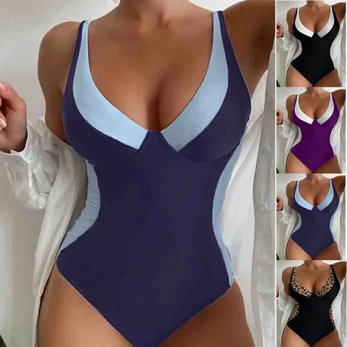 Damen Gepolstert Farbblock Einteiliger Bademode Badeanzug Swimsuit - Bild 8 von 13