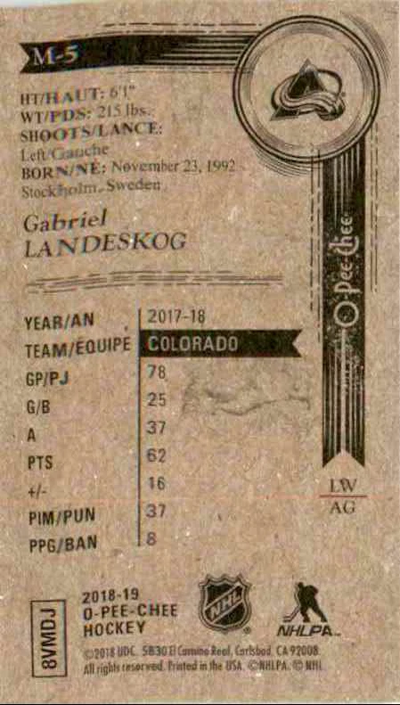2018-19 O-Pee-Chee Mini Gabriel Landeskog #M-5 - Image 2 of 2