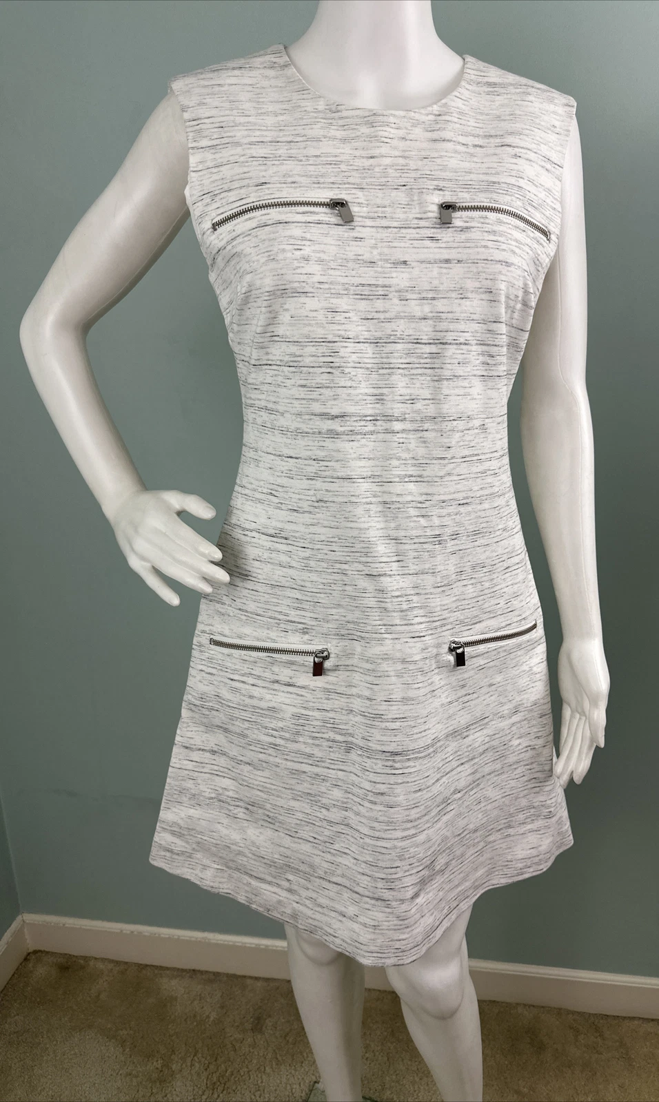 OFF WHITE Abito accento con cerniera Banana Republic Ponte lavorato a maglia bianco sporco grigio tinta spaziale taglia 6