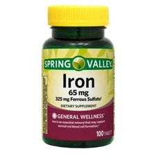 NEW Spring Valley Iron Tablets Dietary Supplement, 65 mg, 100 Count