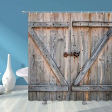 Rustic Farm Style Barn Door Shower Bathroom Curtain Decor Set with Hooks 72 in