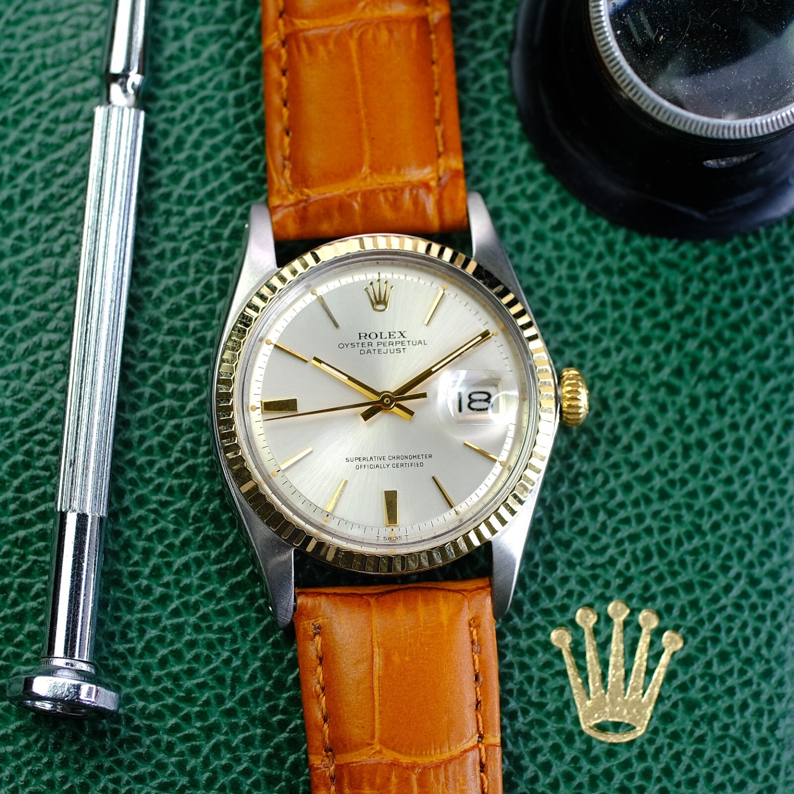 Rolex Datejust 36mm 1601 Silver Dial 18 KT Fluted Bezel Leather