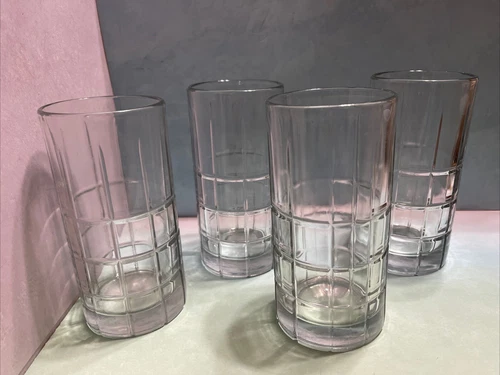 Set Of 4 Anchor Hocking Clear Glass Tartan Ice Tea Glasses Tumbler 16 oz Vintage