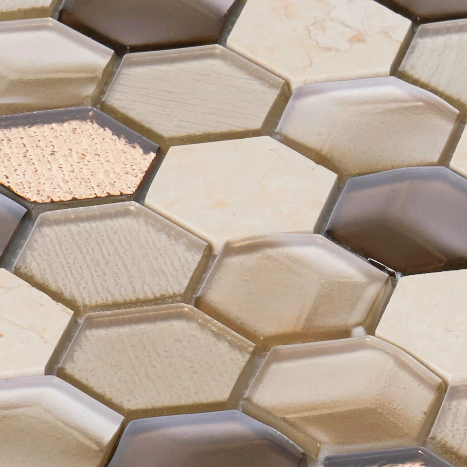 Salpicadero hexagonal crema marfil piedra metalizada beige inserción 3D vidrio mosaico azulejo Foto 3 de 4