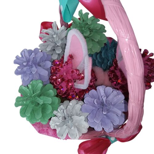 Easter Decorative Basket with Pink Bunny Ears, Pinecones and Polka Dot Bow, Pink - Picture 7 of 8