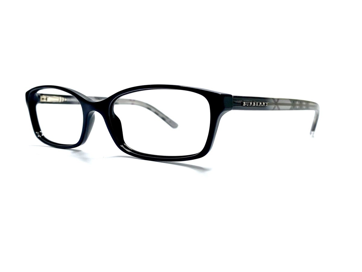 Burberry Black Rectangular Glasses Gray Plaid Temples Italy B2073