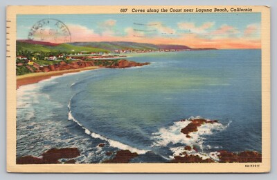 Postcard CA Laguna Beach Coves Along Coast Ocean Breaking Waves c1943 A2