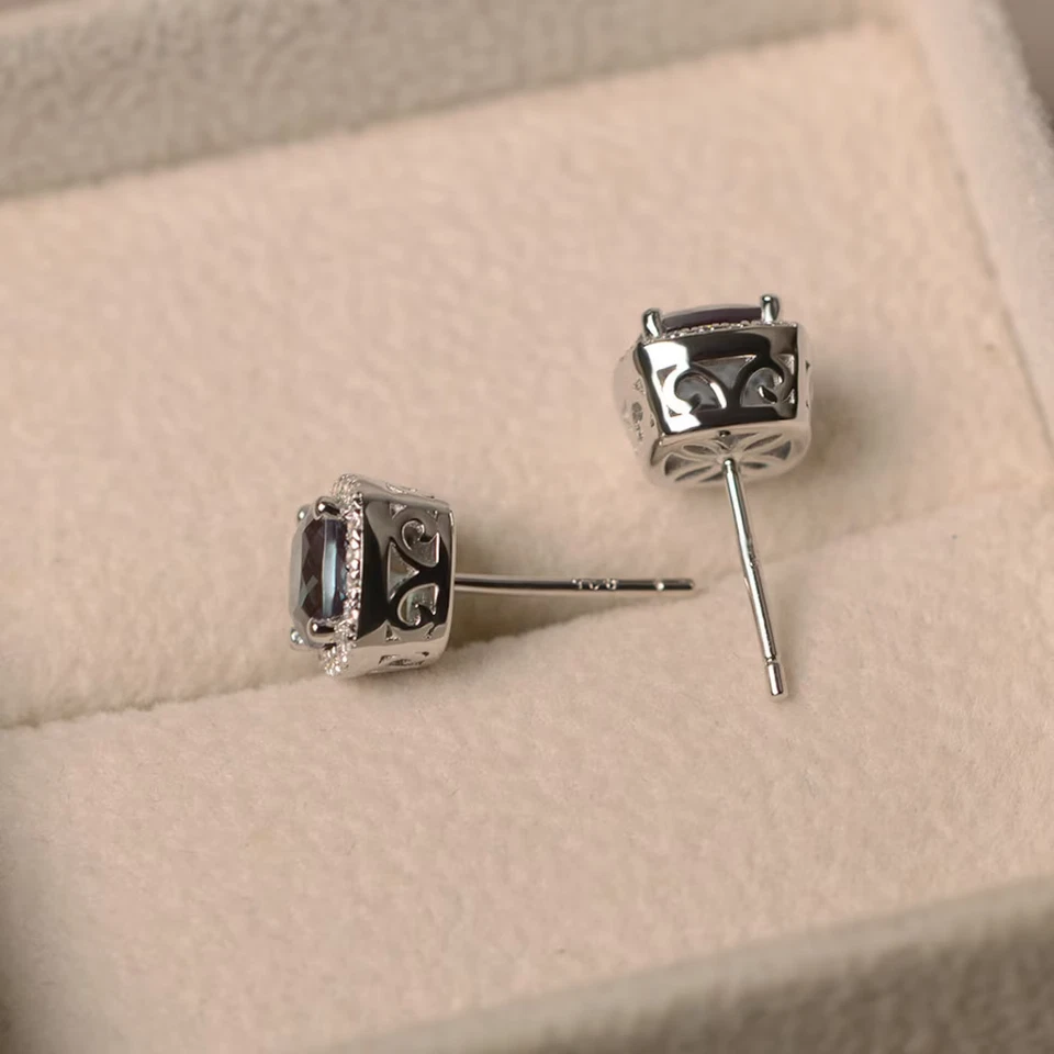 2 Ct Cushion Cut Alexandrite Lab-Created Halo Stud Earrings 14K White Gold Over - Image 2 of 4