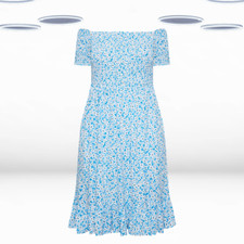 Ex Women's Short Sleeve Plus Size Ditsy Floral Bardot Midi Dress in Blue(Defect)