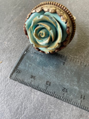 BIG Aqua Blue Flower Stretch Ring Silver Tone Handmade Artisan Vintage Statement - Picture 9 of 9