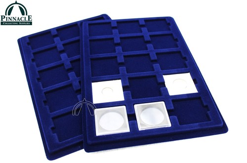 2 Blue Velour Coin Trays w 15 Spaces for Coin Capsules | 2"x2" Flips | Quadrums - Picture 2 of 8