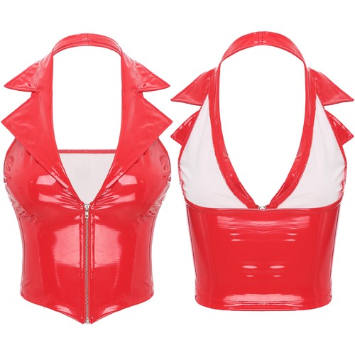 Womens Crop Tops Glossy Waistcoat Halter Vest Notch Streetwear Patent Leather - 第 11/38 張圖片