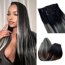 Clip in Hair Extensions Real Human Hair Black  Silver Grey Ombre 20 Inch 70G