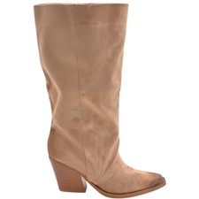 Stivali donna camperos texani stile western beige arricciato pelle scamosciata z