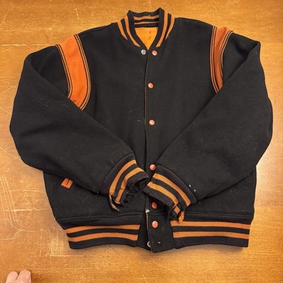 VINTAGE Felco Letterman Jacket Mens 40 Black Athletic Football Baseball Wool 80s