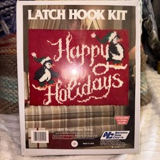Vtg Latch Hook Rug Kit National Yarn Crafts XR81 Penguin Happy Holiday 18x25 USA