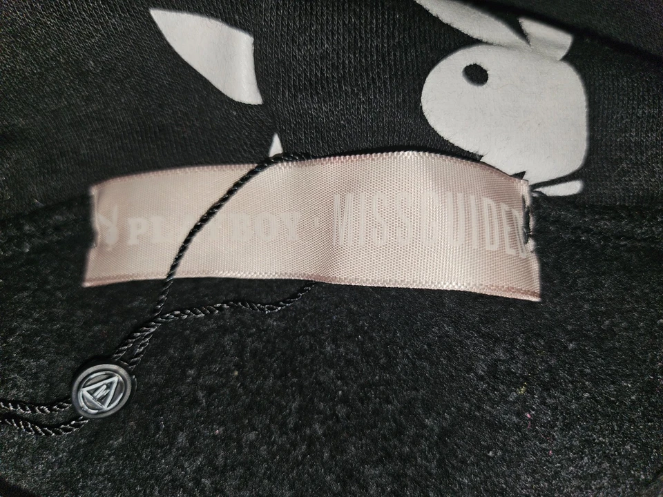 Sudadera con capucha para mujer Playboy X Missguided negra blanca logotipo de conejito recortada preppy talla 8 Foto 3 de 4