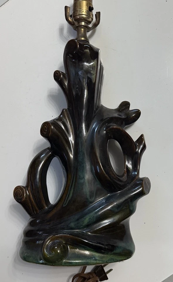 Середина века современный капельная глазурь керамическая лампа бирюзовый бронза дерево кабины редкая ретро - Изображение 2 из 4