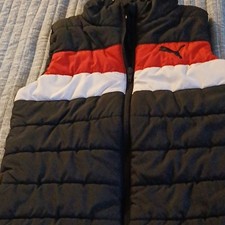 PUMA Boys Colorblock Puffer Vest Black Red White Sleeveless Full Zip