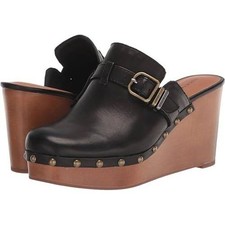 Lucky Brand Leather Wedge Clog Mules Black Studded Buckle Leather 9.5