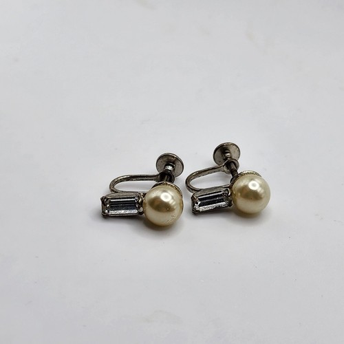Orecchini vintage anni 50 finta perle baguette ghiaccio strass vite retro eleganti - Foto 3 di 5