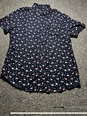 Lee Fit Regular Shirt Blue&White Feather&Pink Flamingo Pattern Men Sz L