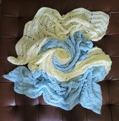 Handmade Crochet Blanket Soft Warm Yellow Blue Zigzag Pattern