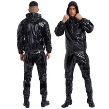 Mens Heavy Duty Sauna Suit Elastic Cuff Zipper Drawstring Hooded Jacket  Pants