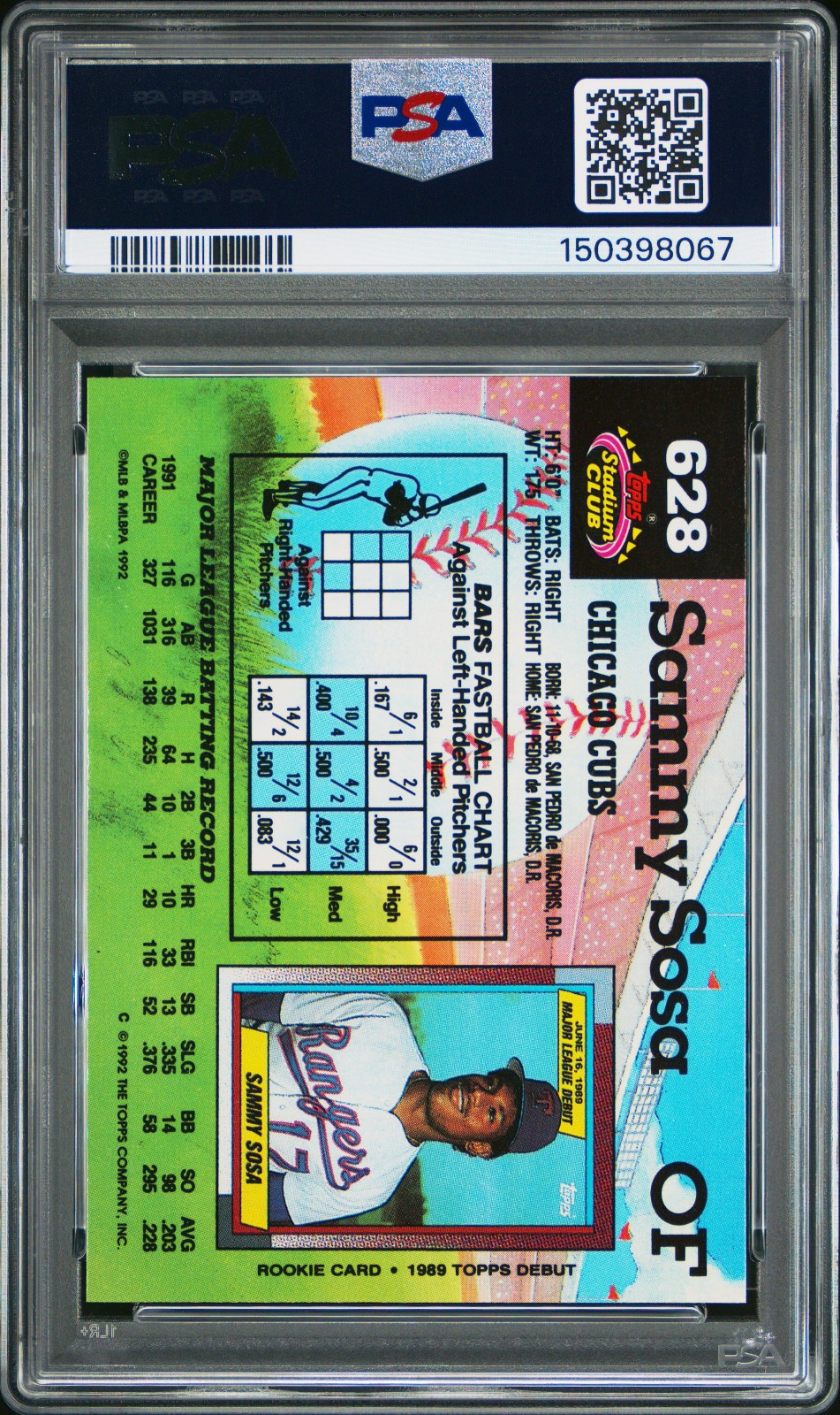 1992 Topps Stadium Club #628 Sammy Sosa Chicago Cubs PSA 9 MINT New Slab! view 2