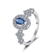 0.5CT Blue Oval Moissanite Women Engagement Ring Band Real 925 Sterling Silver