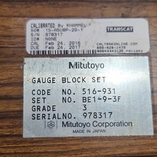 Mitutoyo Steel Rectangular Gage Block Set 516-931 .0625  1in Sizes BE1-9-3F