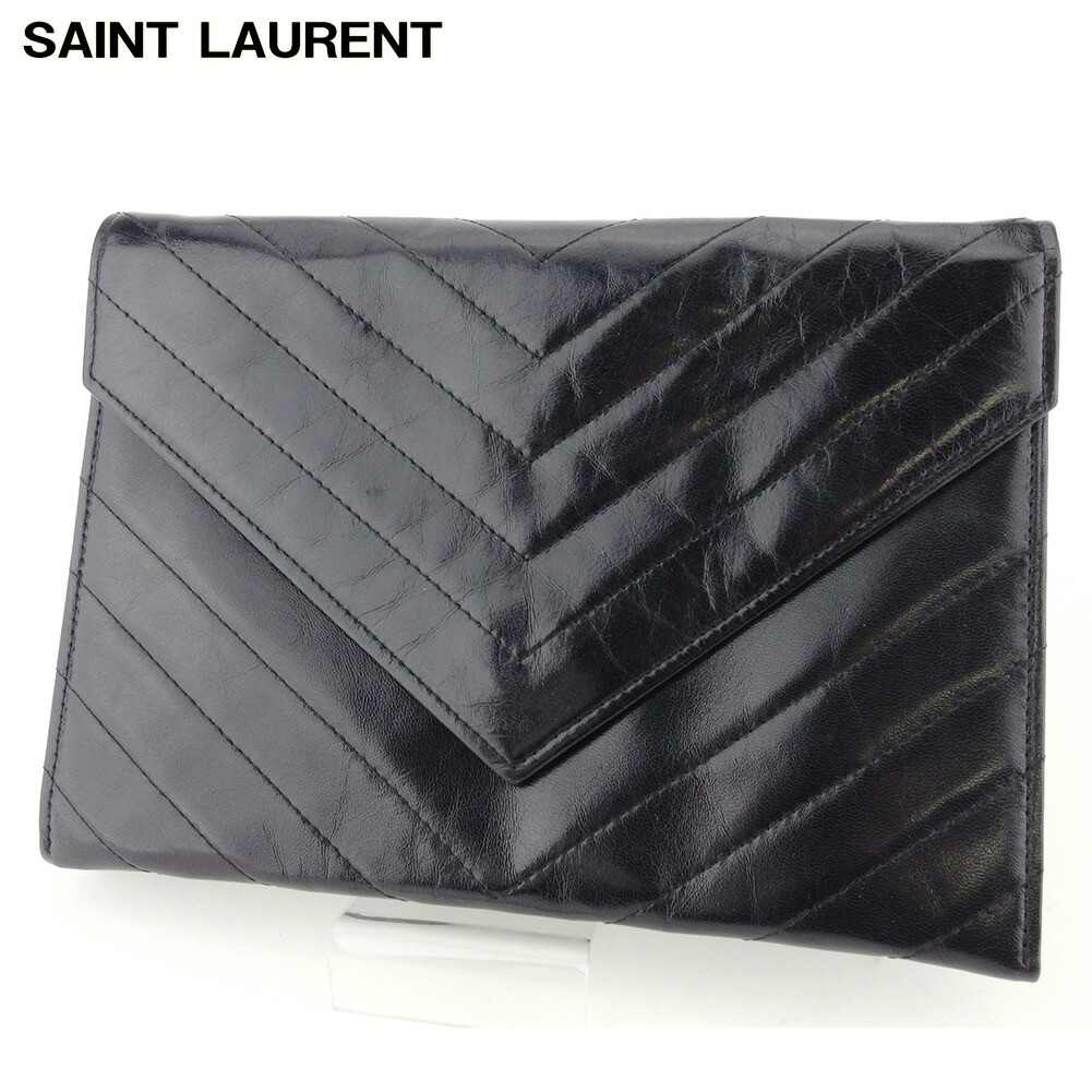 Saint Laurent Women Bag Clutch Brand Second Men Black Vintage Leather V Stitch L
