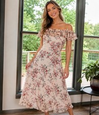 Vintage Floral Dress Sz L Off Shoulder Ruffle Romantic Flowy Garden Party 