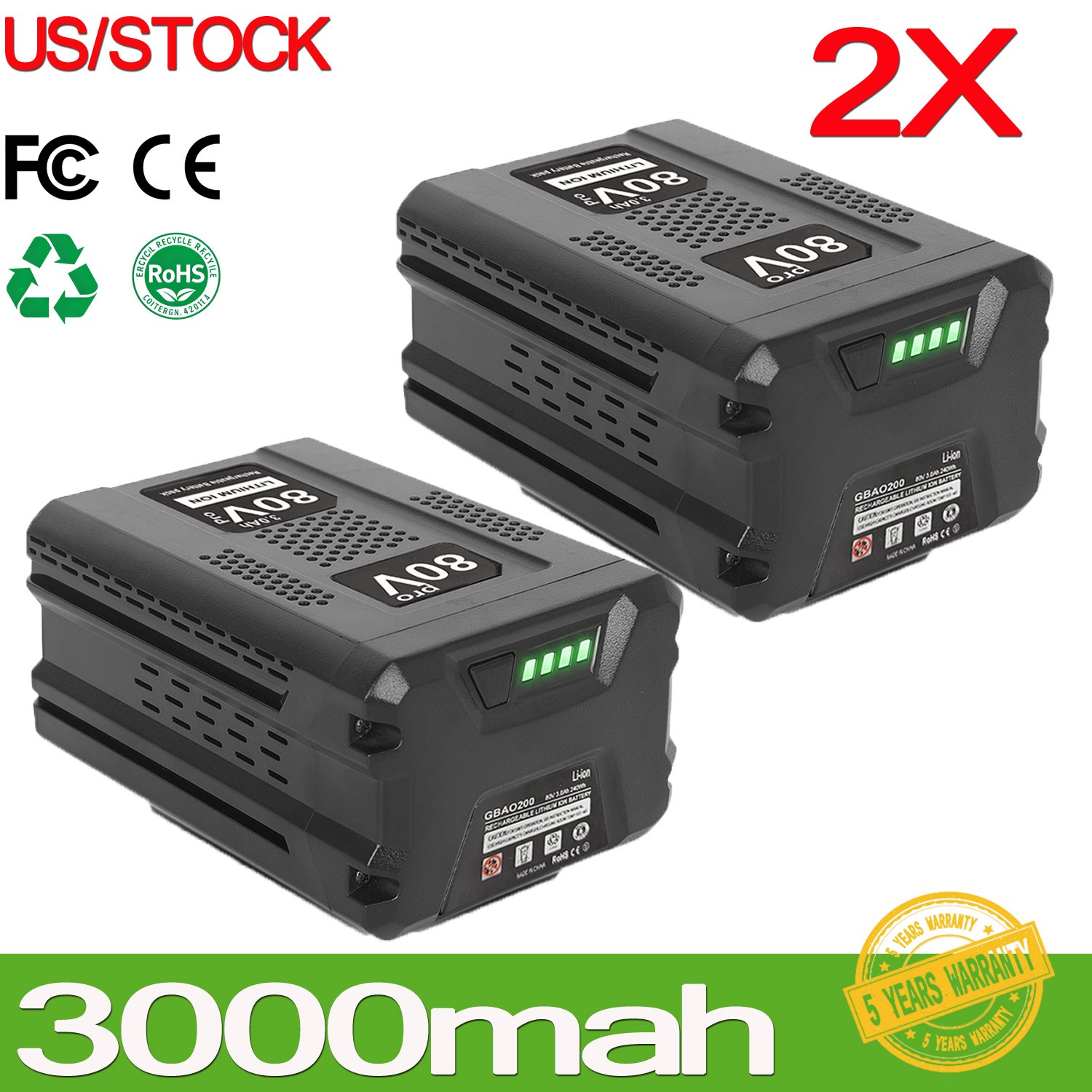 2X For Greenworks 80V 3.0Ah Lithium-Ion Battery 240Wh - BAB742