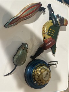 Small Lot Litho Tin Vintage Toys For Parts Plus Planters Nut Lid W/ Grinder