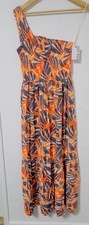 Nine West One-Shoulder Multi Orange Blue Maxi Dress Pockets women’s Size Small