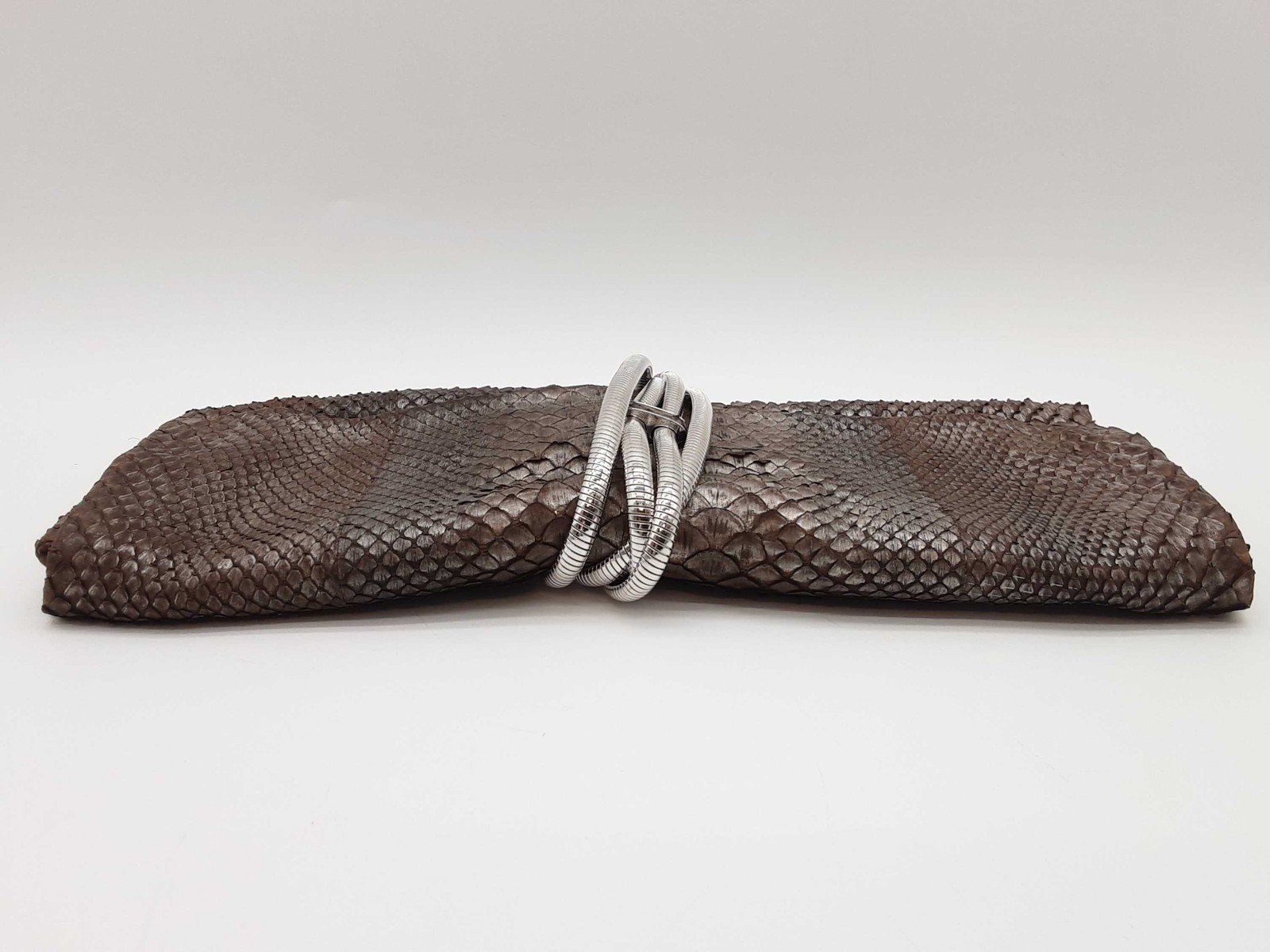 Judith Leiber Silver Gray Brown Python Leather Cl… - image 6