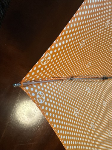 Tory Burch Orange Folding Umbrella With White Logo and Polka Dots - Picture 9 of 18