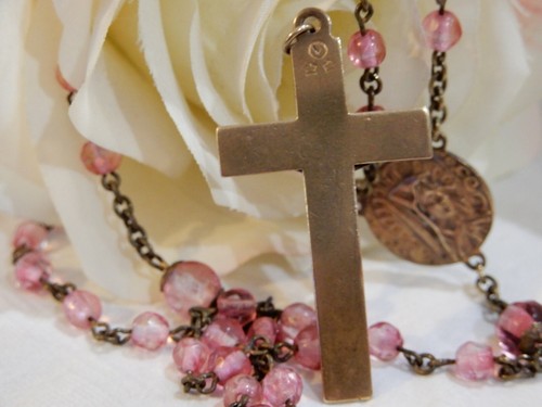 Antique ROSE PINK beaded & Bronze Rosary w/ MARY & Crucifix/cross`~2 Star Stamp - Picture 9 of 12