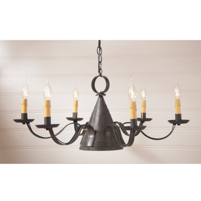 Madison 6 Arm Pierced Tin Metal Chandelier in Kettle Black. Country Lighting