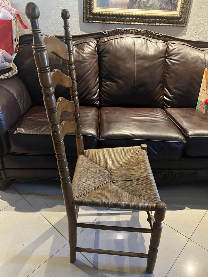 Antique TELL CITY Ladder Back Dining Chair w Woven Rush Seat - Image 2 of 4