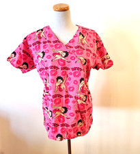 Betty Boop Scrub Top Womens Size M Medium Pink Shirt Sleeve Pockets Cotton Blend