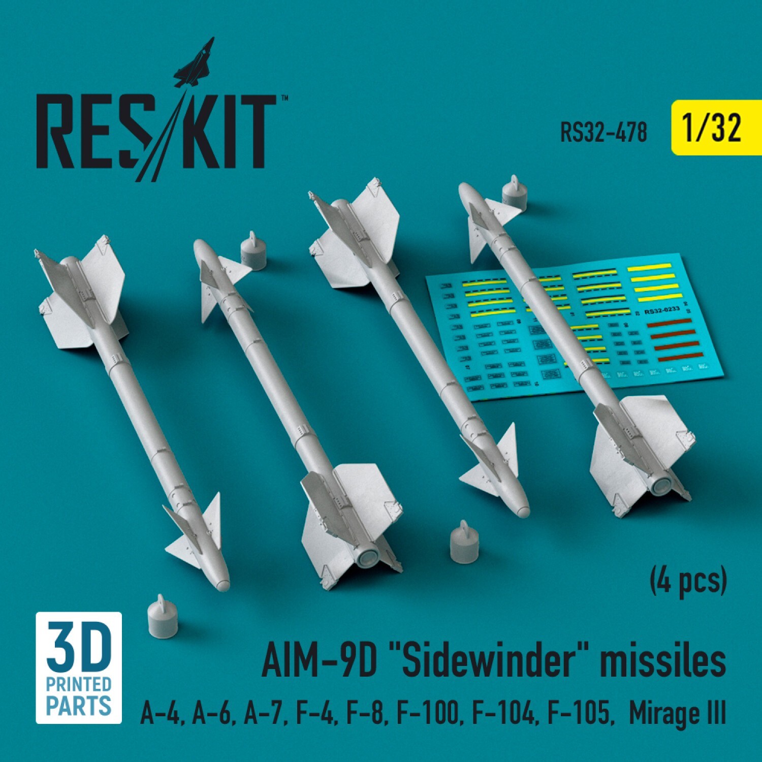 AIM-9D Sidewinder missiles 4pcs Scale1:32 ResKit RS32-0478 for Plastic Model Kit