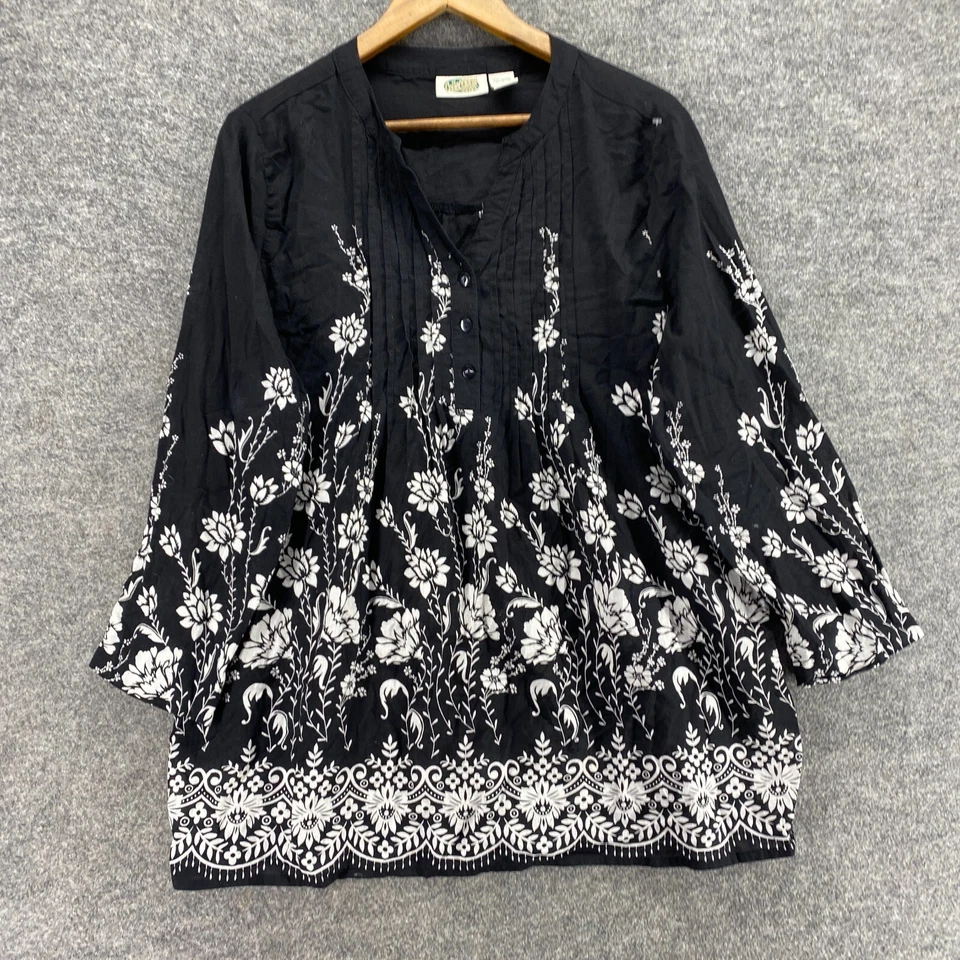 Blusa Collections Feminina G Grande Preta Floral Decote V Manga 1/2 Botão 3/4 - Imagem 4 de 4